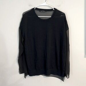 All Saints black long sleeve partially sheer lightweight crewneck top size 6